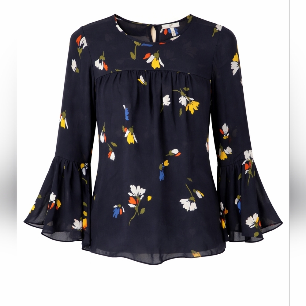 Large Joie 100% Silk Black Floral Bell Long Sleeve Boho Chic Blouse - Picture 3 of 5